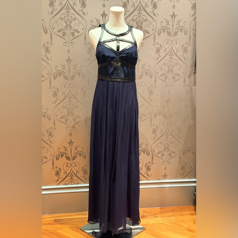 Rebecca Taylor Navy Silk Maxi Gown Genuine Lamb Leather Harness Bodice Size 4